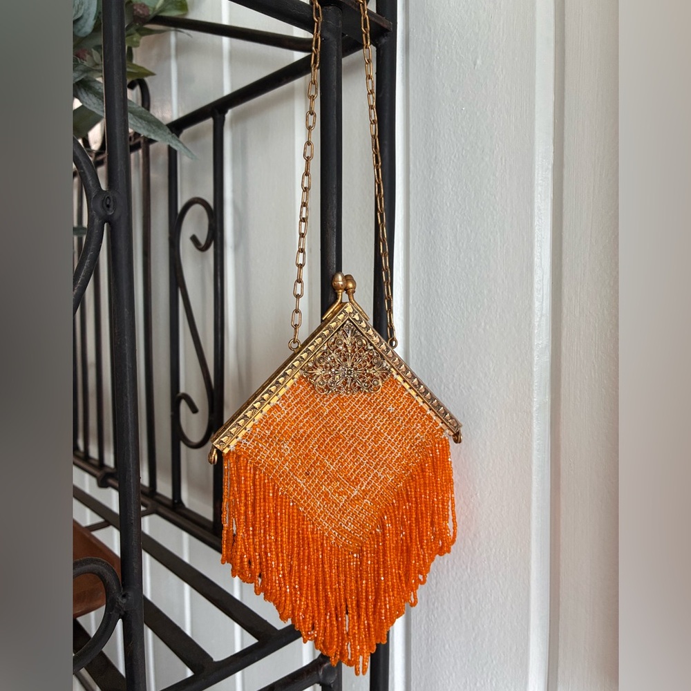 Vintage 1920’s Glass Beaded Orange Handbag with Tulip Printed Brass Accents